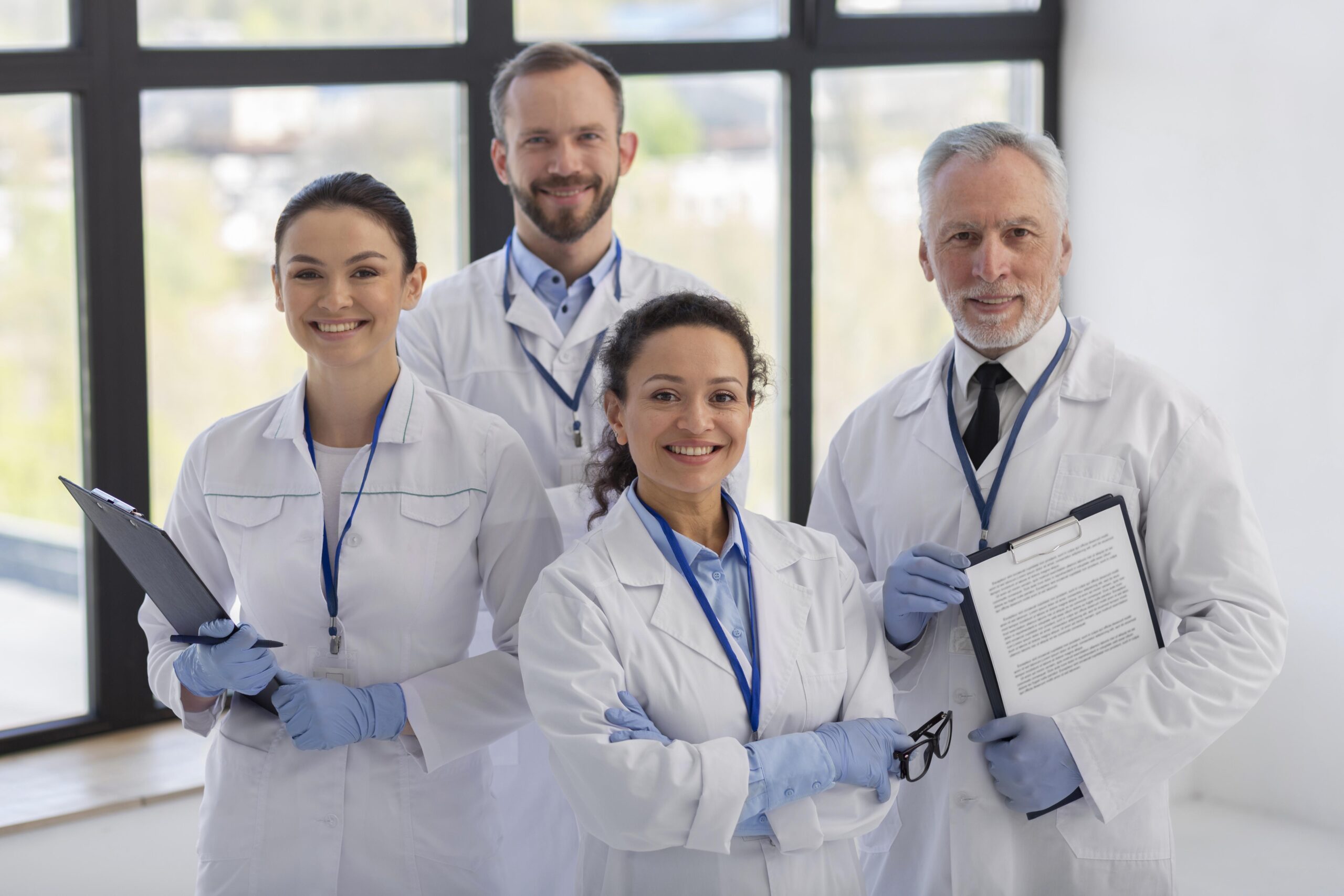 Team of doctors in white coats smiling