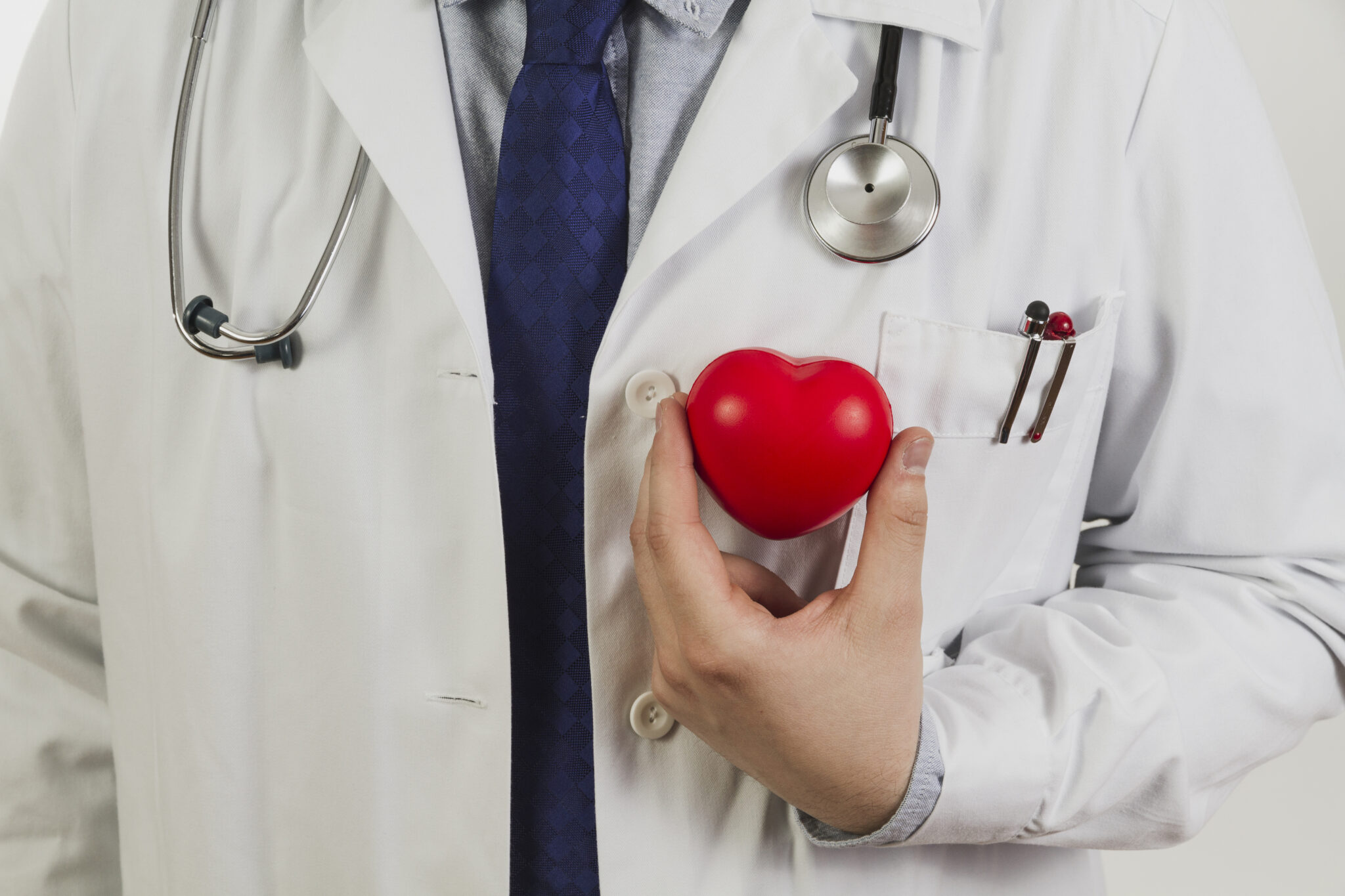 Cardiologist holding a red heart model