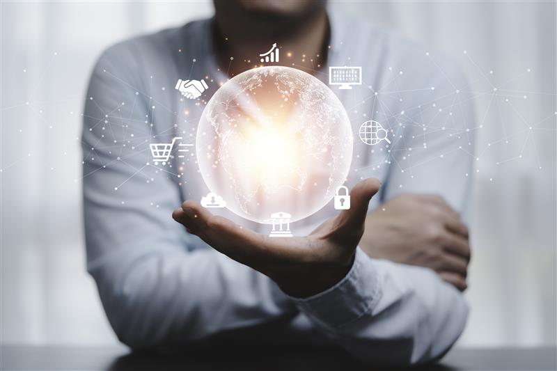 Doctor holding a glowing globe of healthcare icons