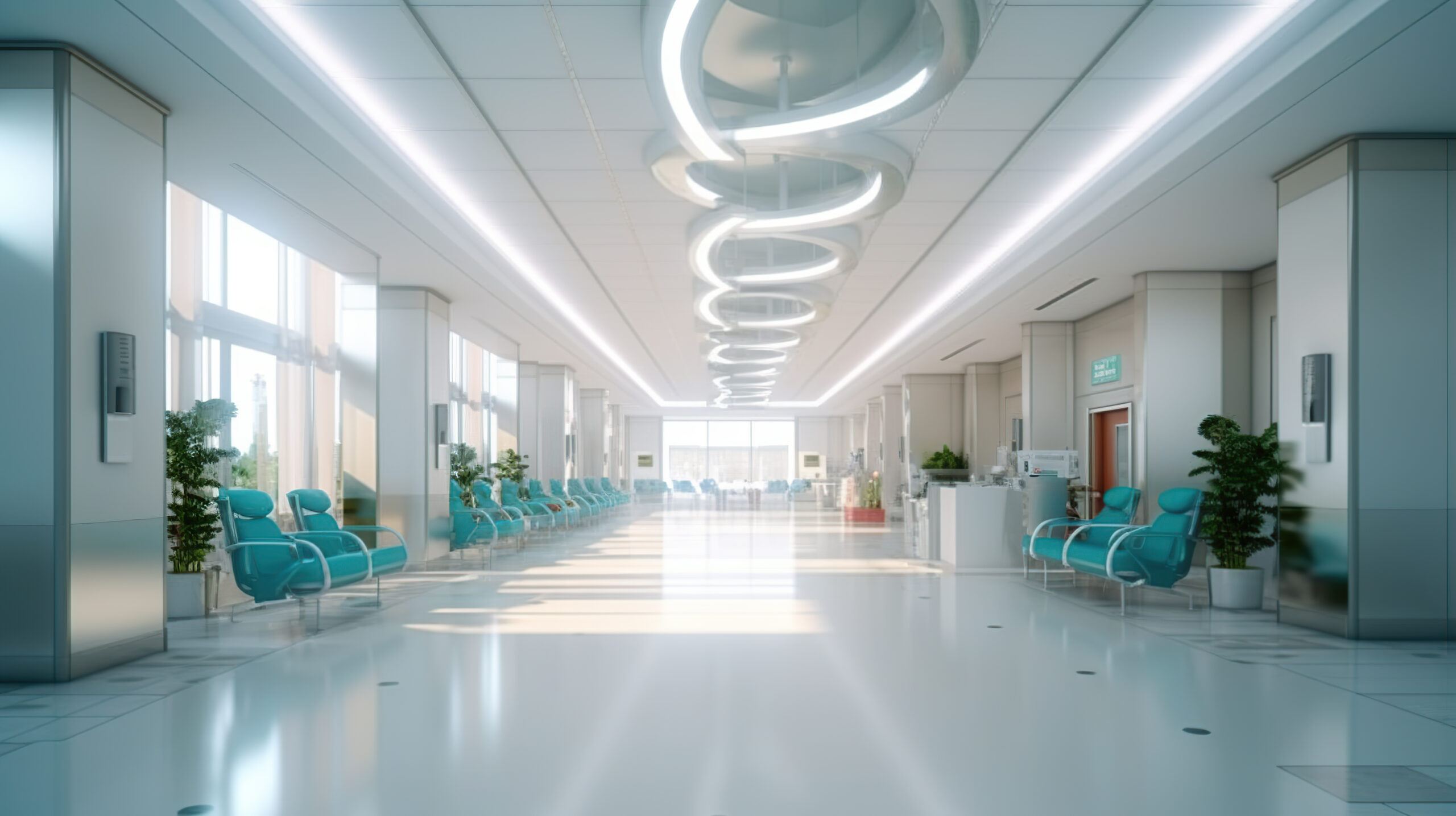 Modern hospital corridor with waiting chairs