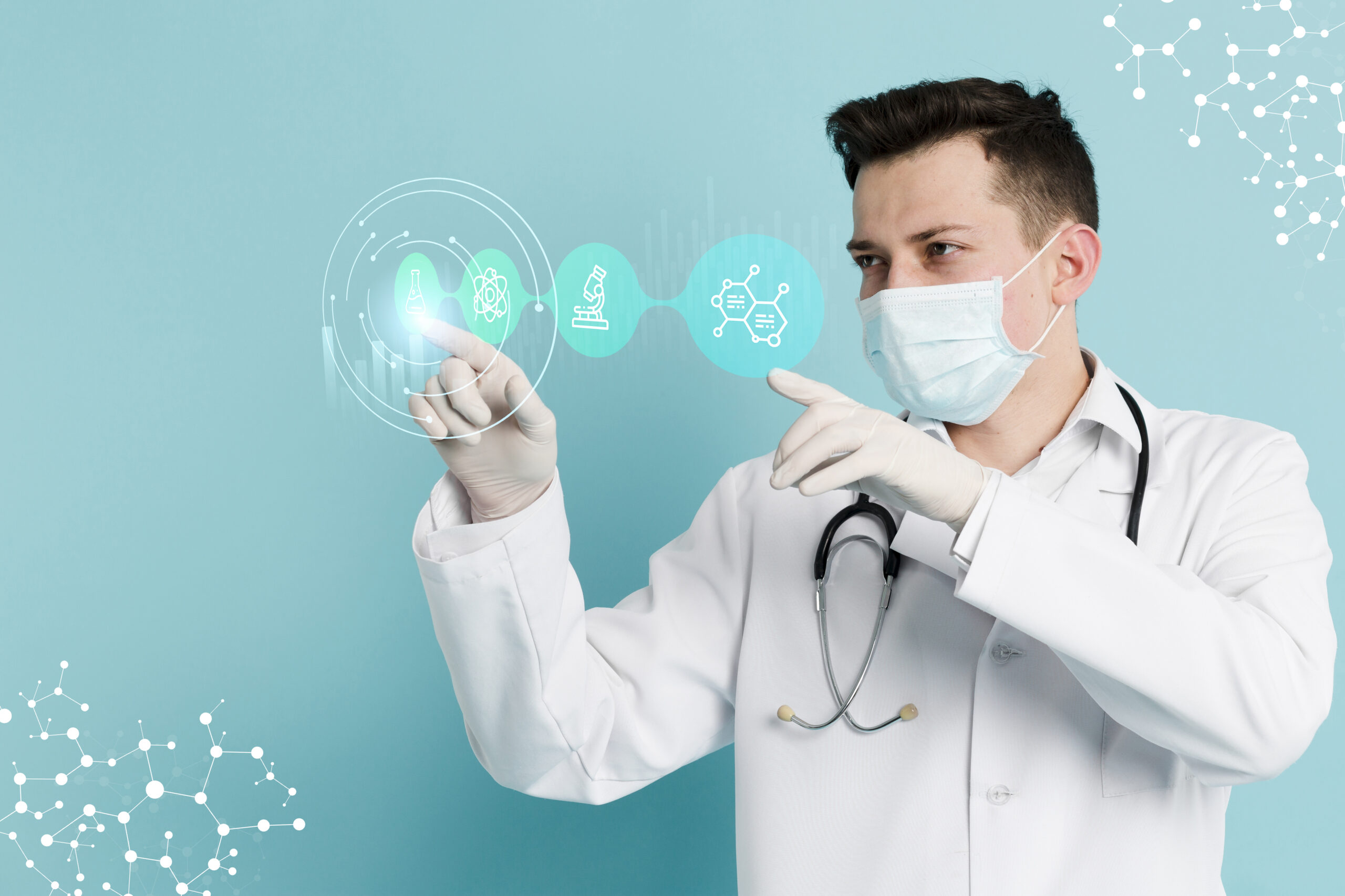 Doctor in a mask touching a digital healthcare network display