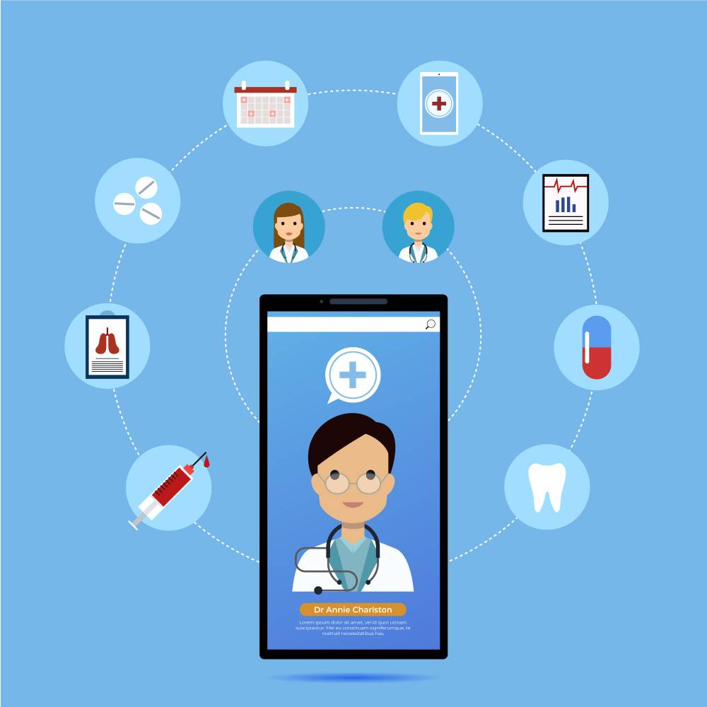 Digital healthcare network illustration with a doctor on a phone surrounded by medical icons